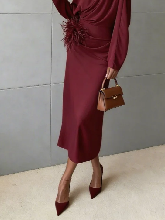 Fuchsia Feather-trimmed Ruched Classic Off The Shoulder Long Sleeve Shift Midi Dress