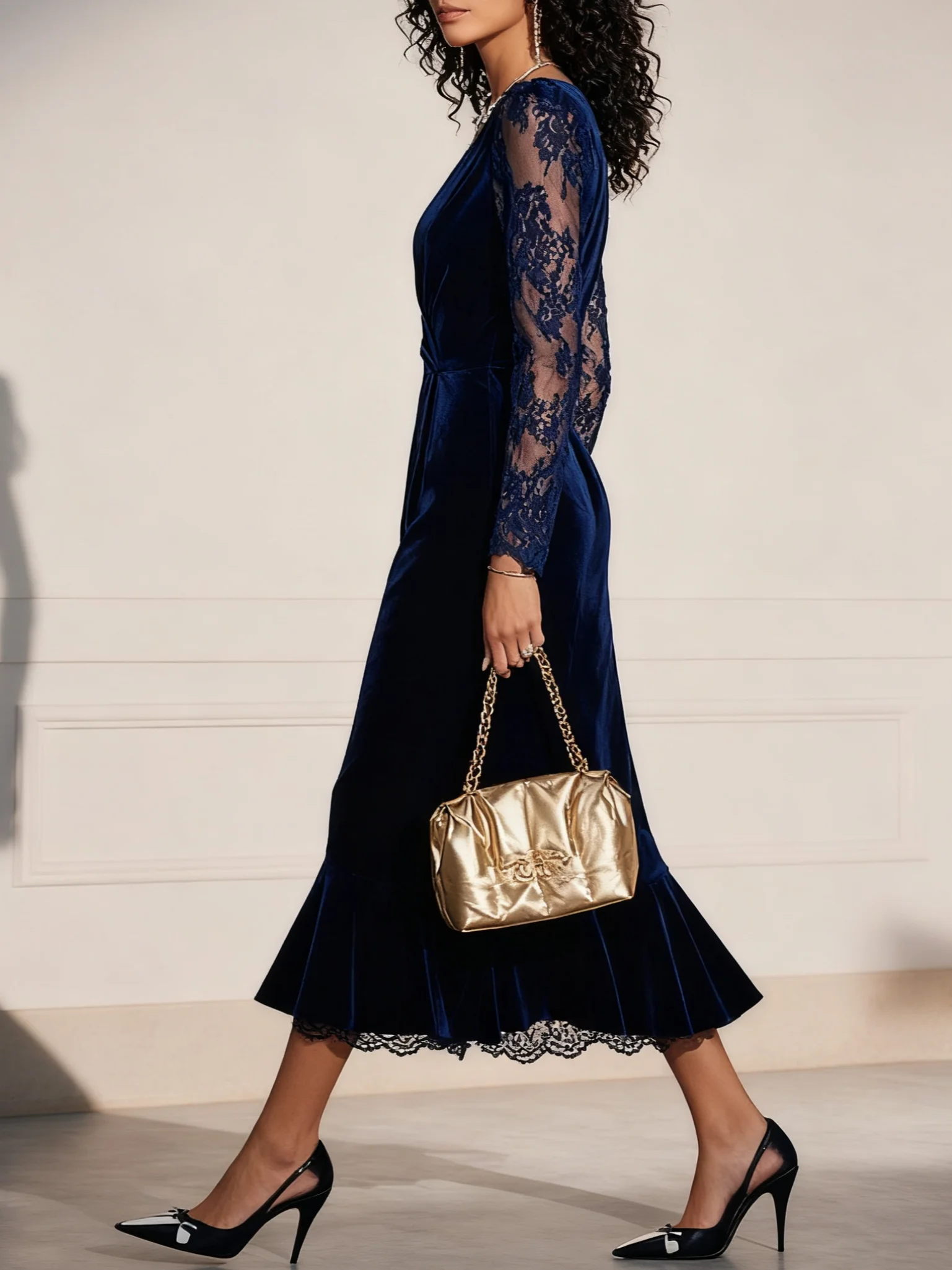 Navy Blue Lace Split Joint Velvet V Neck Long Sleeve Sheath Midi Dress