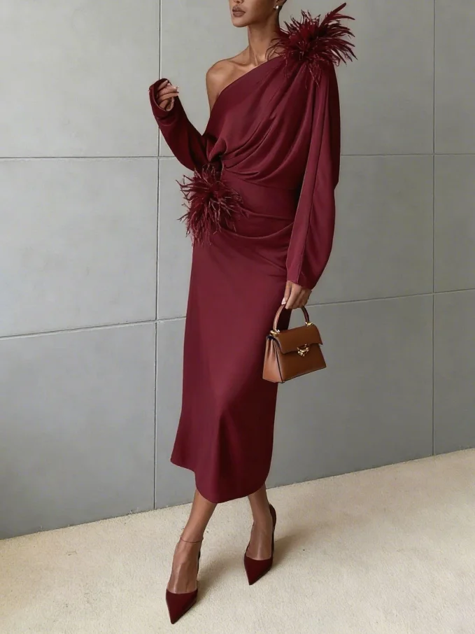 Fuchsia Feather-trimmed Ruched Classic Off The Shoulder Long Sleeve Shift Midi Dress