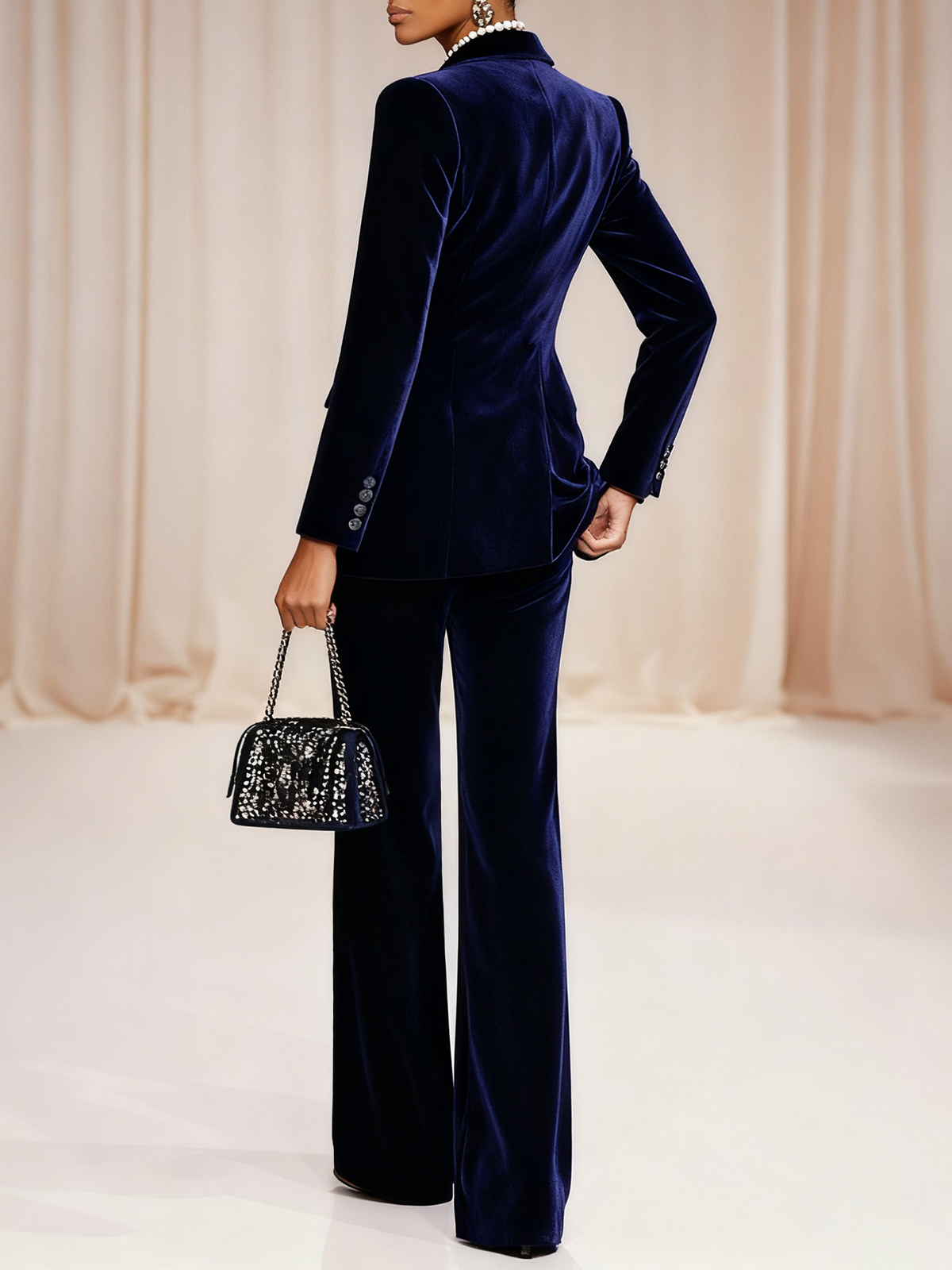 Women Navy Velvet Blue Piping Lapel Collar Long Sleeve Dressy Coat With Pants Two-Piece Set