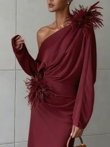 Fuchsia Feather-trimmed Ruched Classic Off The Shoulder Long Sleeve Shift Midi Dress