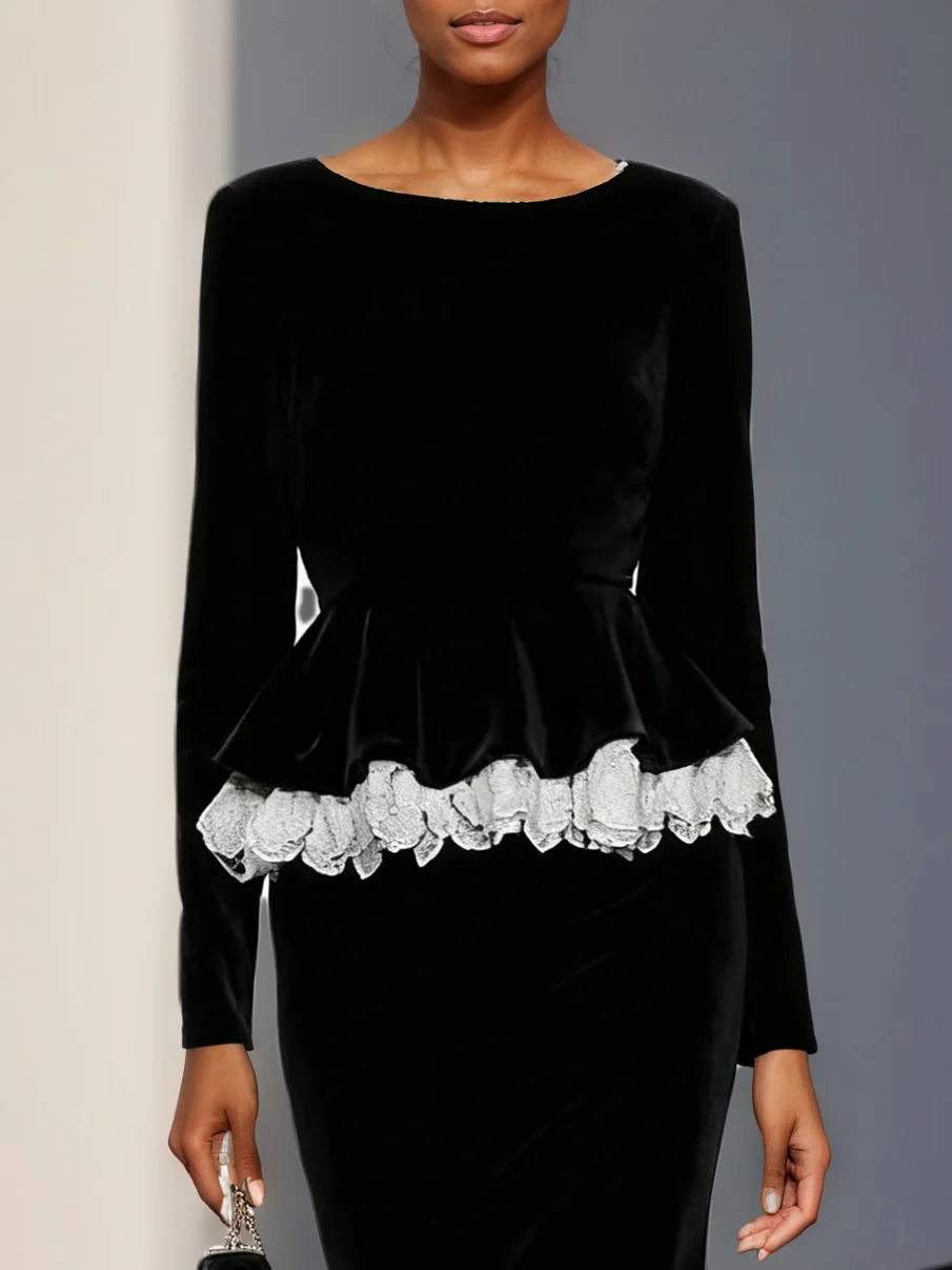 Women Black Lace Crew Neck Long Sleeve Dressy Top With Skirt Two-Piece Set