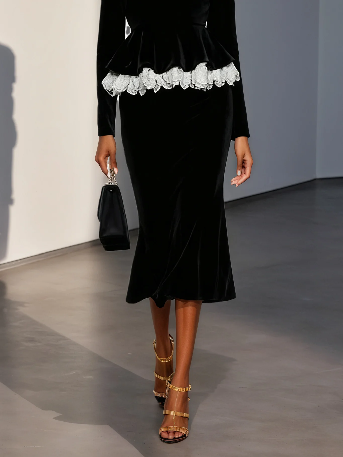 Women Black Lace Crew Neck Long Sleeve Dressy Top With Skirt Two-Piece Set
