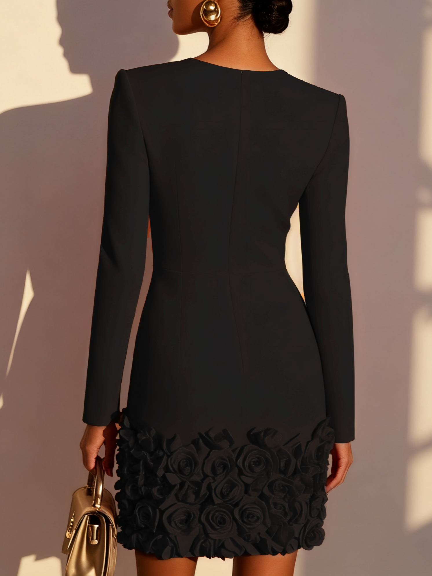 Black 3D Floral Classic V Neck Long Sleeve Sheath Mini Dress