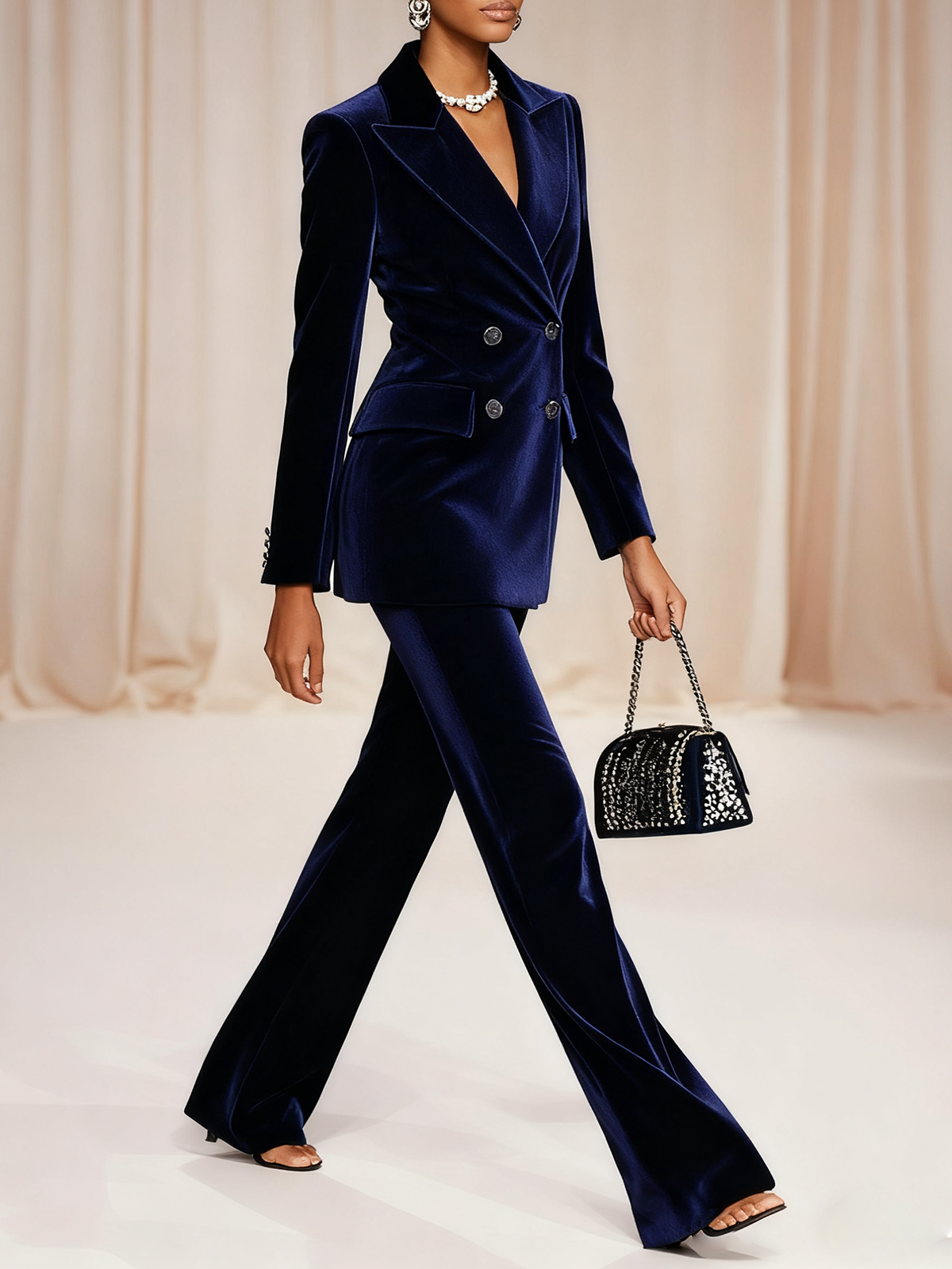 Women Navy Velvet Blue Piping Lapel Collar Long Sleeve Dressy Coat With Pants Two-Piece Set