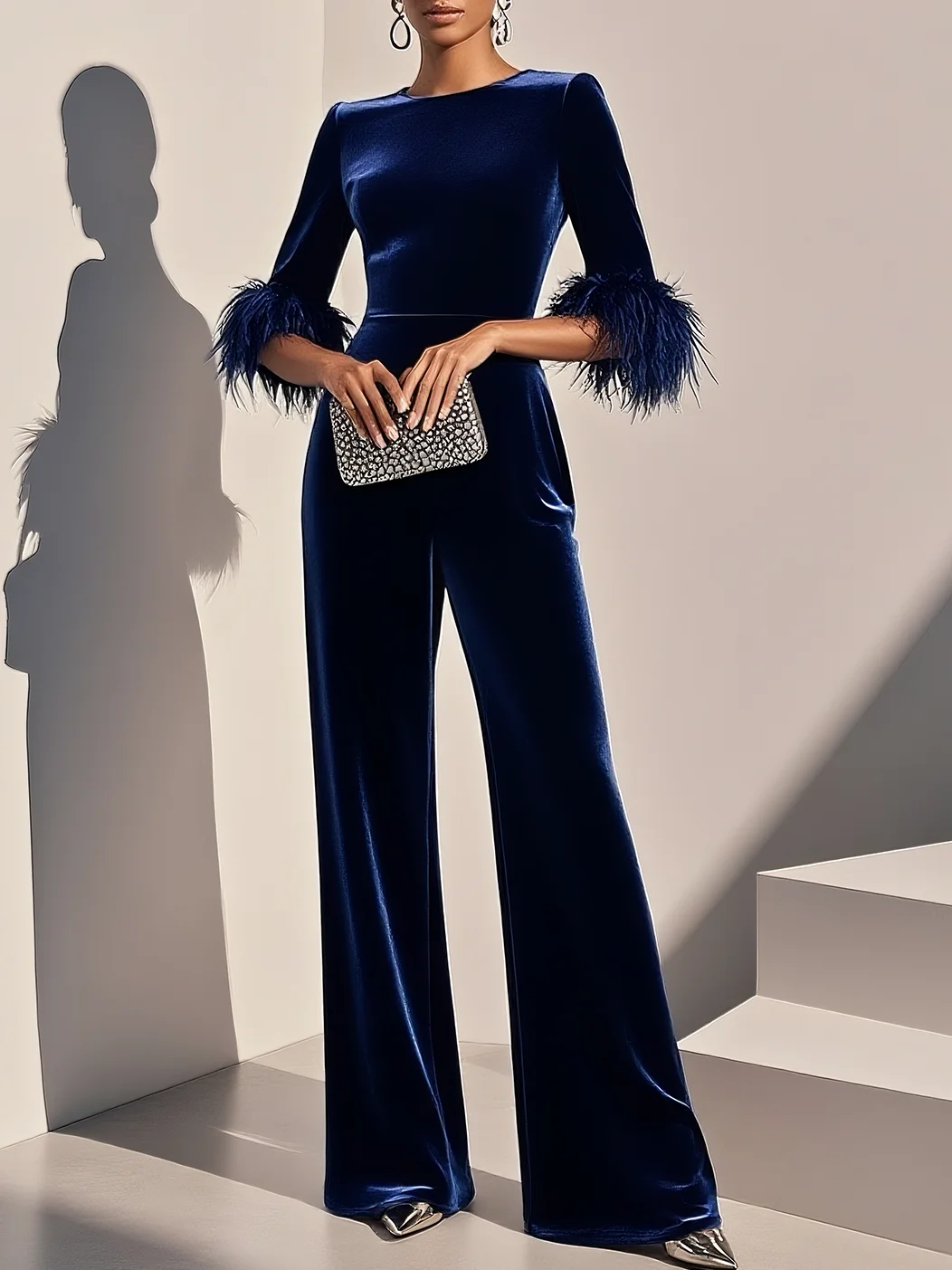 Women Navy Blue Feather-trimmed Crew Neck Three Quarter Sleeve Dressy Jumpsuit