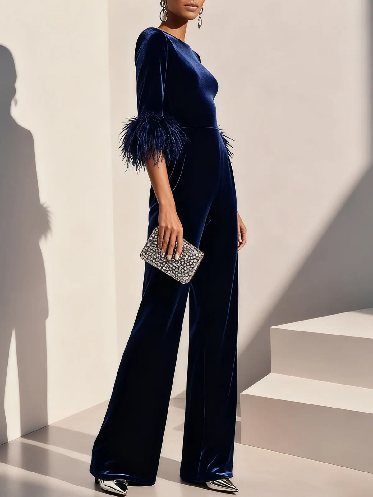 Women Navy Blue Feather-trimmed Crew Neck Three Quarter Sleeve Dressy Jumpsuit