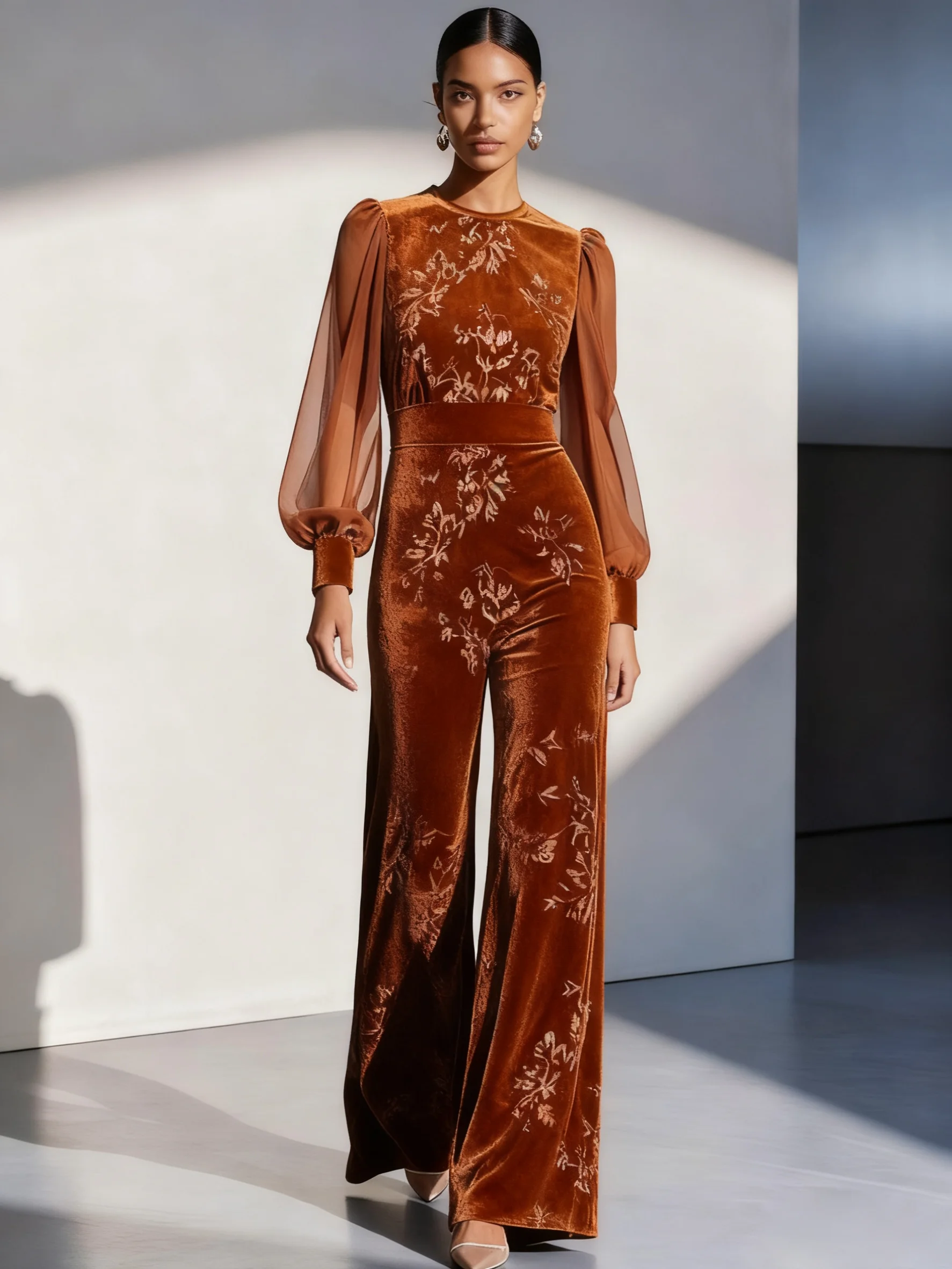 Women Caramel Jacquard Mesh Crew Neck Long Sleeve Balloon Sleeve Dressy Jumpsuit