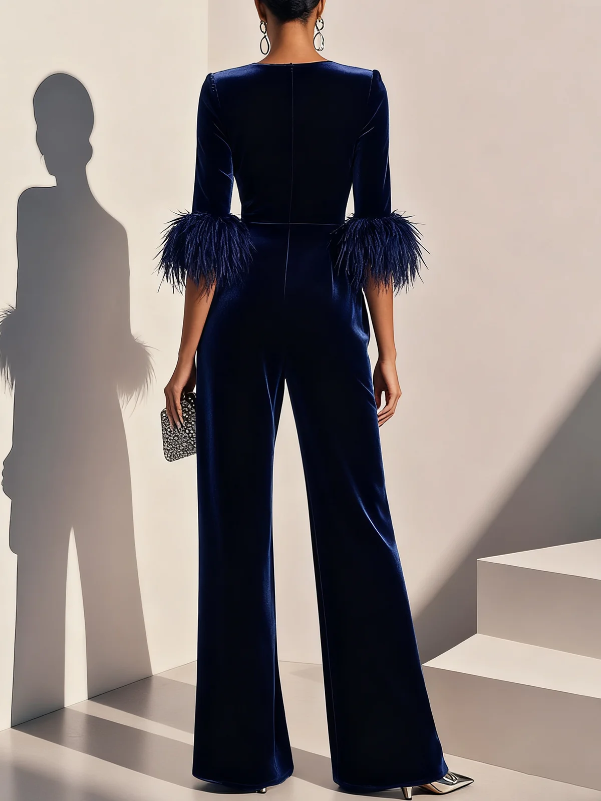 Women Navy Blue Feather-trimmed Crew Neck Three Quarter Sleeve Dressy Jumpsuit