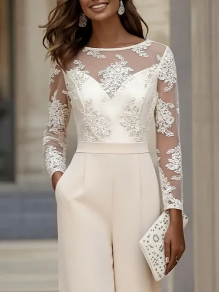 Women Apricot Lace Boat Neck Long Sleeve Regular Sleeve Dressy Jumpsuit