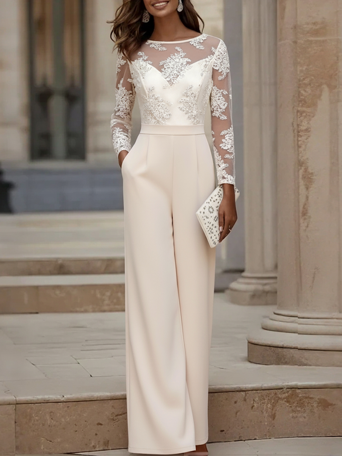 Women Apricot Lace Boat Neck Long Sleeve Regular Sleeve Dressy Jumpsuit