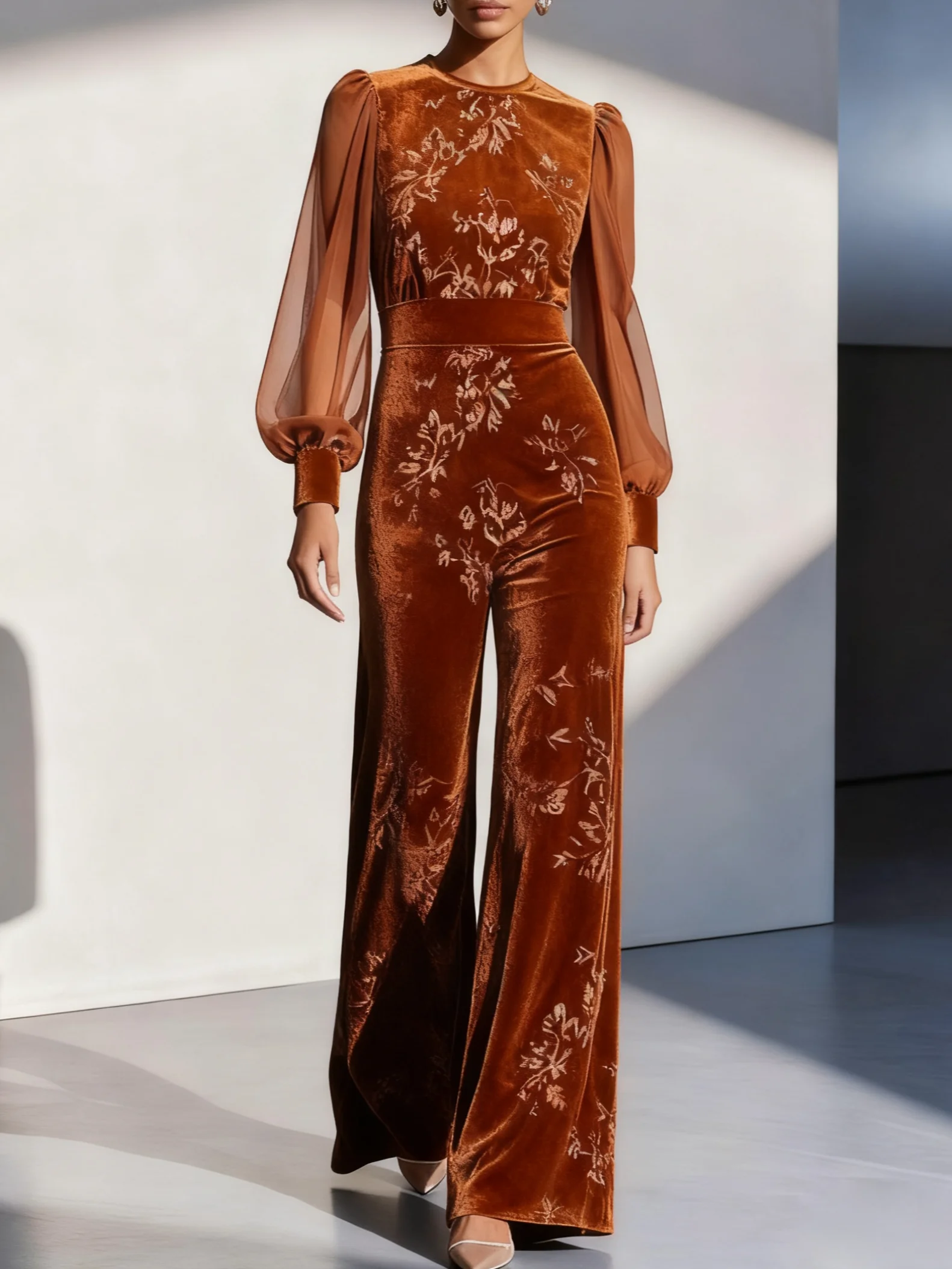 Women Caramel Jacquard Mesh Crew Neck Long Sleeve Balloon Sleeve Dressy Jumpsuit