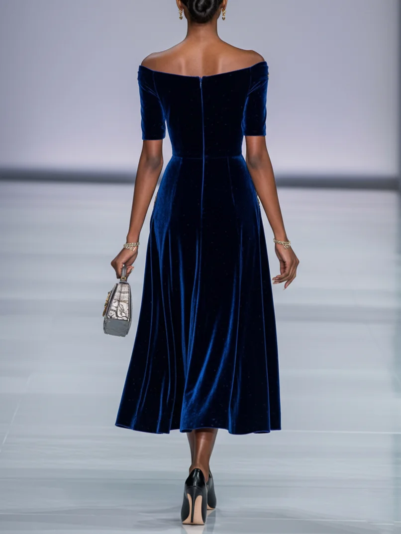 Deep Blue Applique Gathered Velvet Off The Shoulder Half Sleeve A-Line Midi Dress