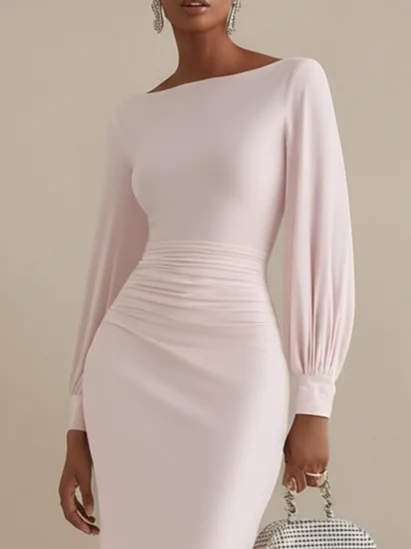 Pink Ruched Classic Boat Neck Long Balloon Sleeve Sheath Midi Dress