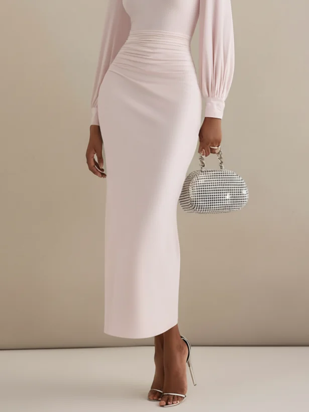 Pink Ruched Classic Boat Neck Long Balloon Sleeve Sheath Midi Dress