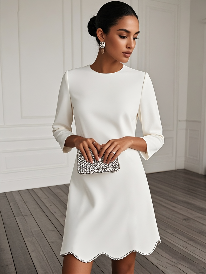 White Rhinestone Classic Crew Neck Three Quarter Sleeve A-Line Mini Dress