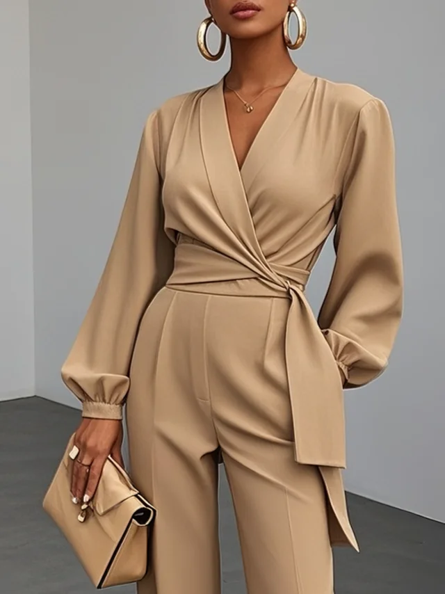 Women Khaki Knot Front V Neck Long Sleeve Balloon Sleeve Dressy Jumpsuit