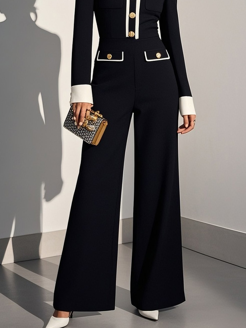 Women Black Buckle Piping Crew Neck Long Sleeve Dressy Jumpsuit