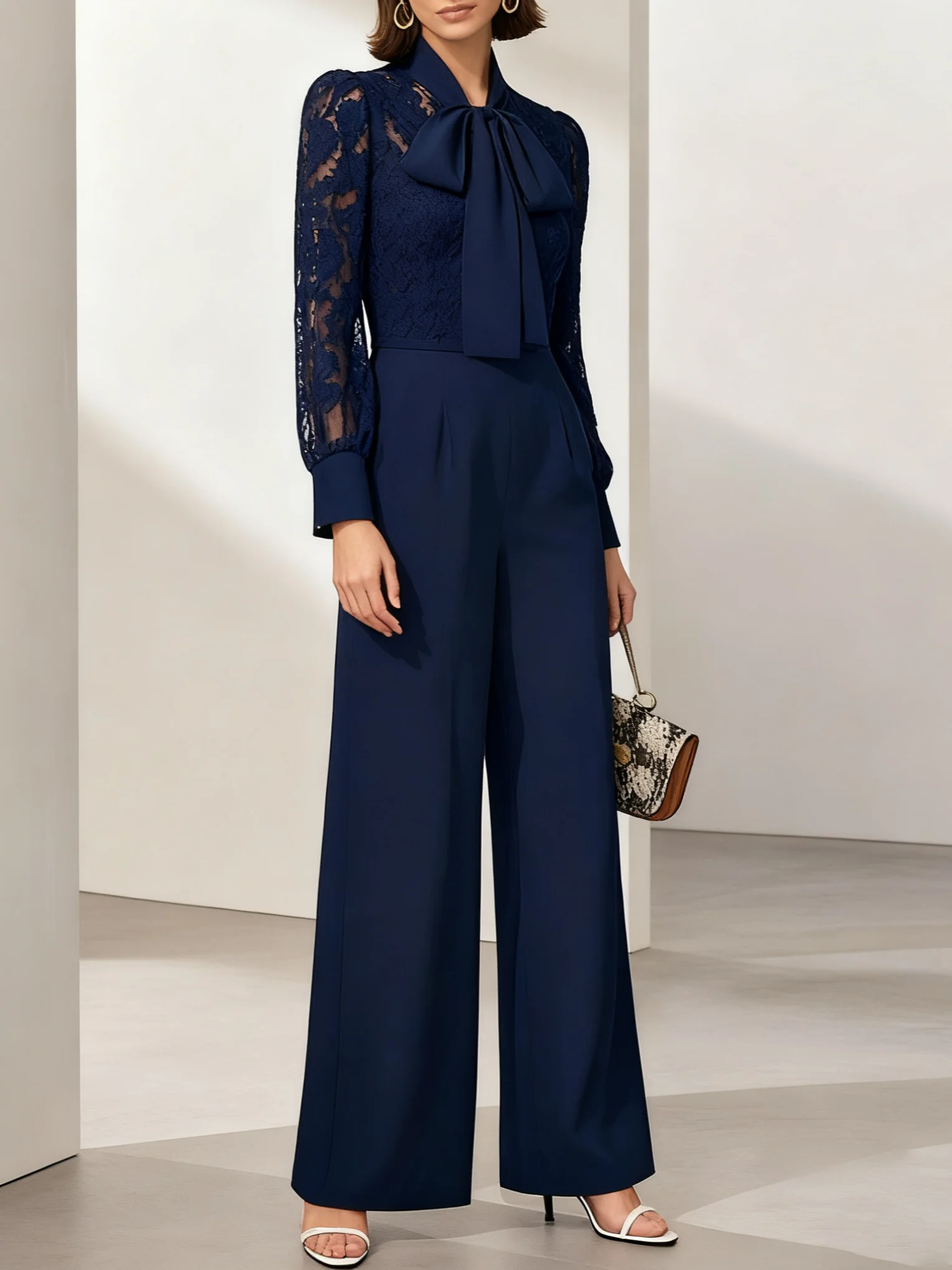 Women Purplish Blue Lace Bow Tie Neck Long Sleeve Balloon Sleeve Dressy Jumpsuit