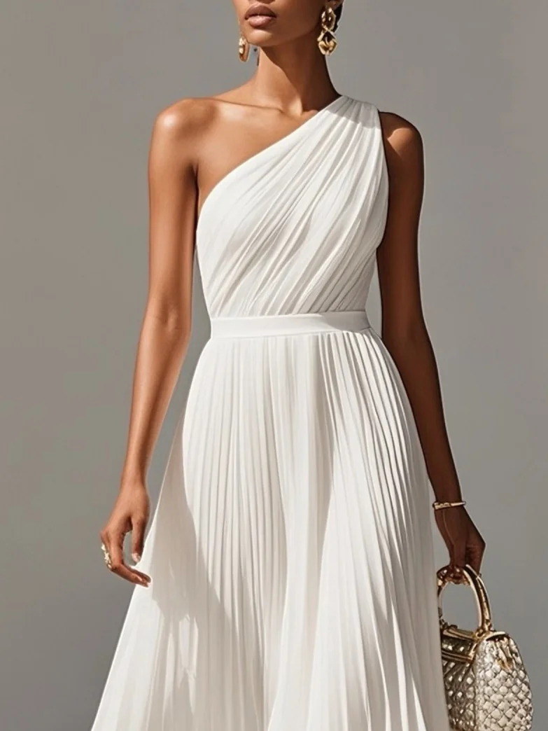 White Pleated Feather-trimmed Chiffon One Shoulder Sleeveless A-Line Midi Dress