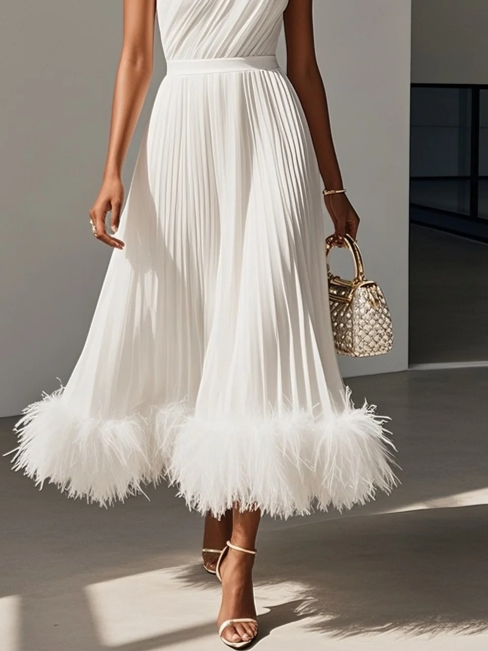 White Pleated Feather-trimmed Chiffon One Shoulder Sleeveless A-Line Midi Dress