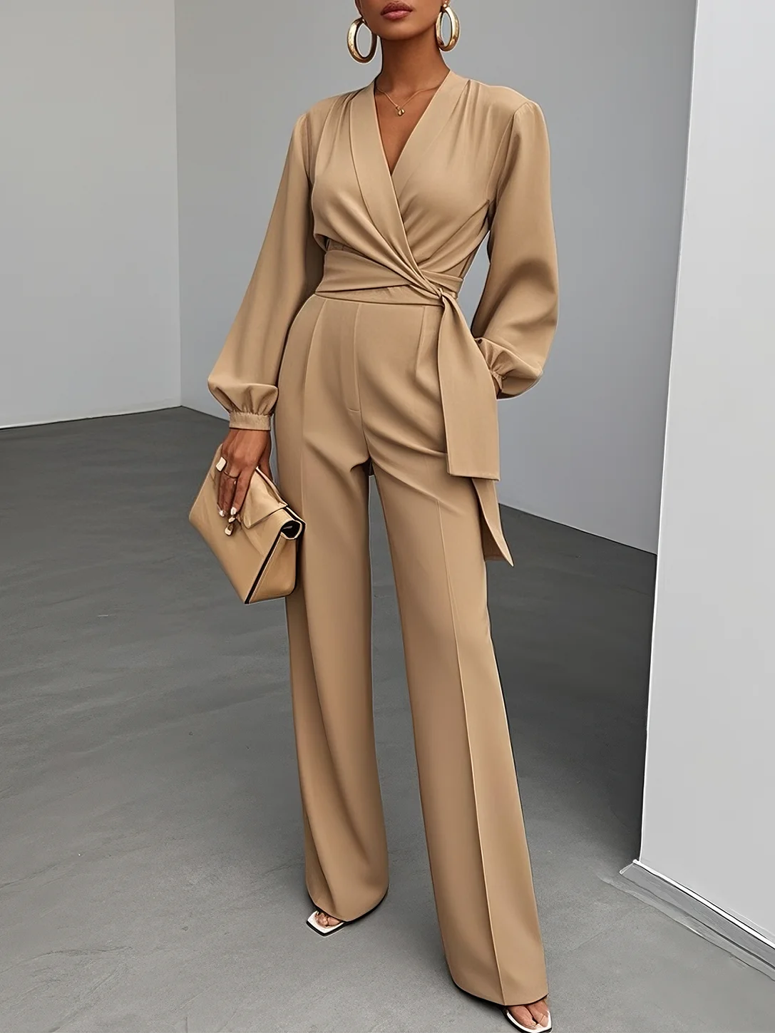 Women Khaki Knot Front V Neck Long Sleeve Balloon Sleeve Dressy Jumpsuit