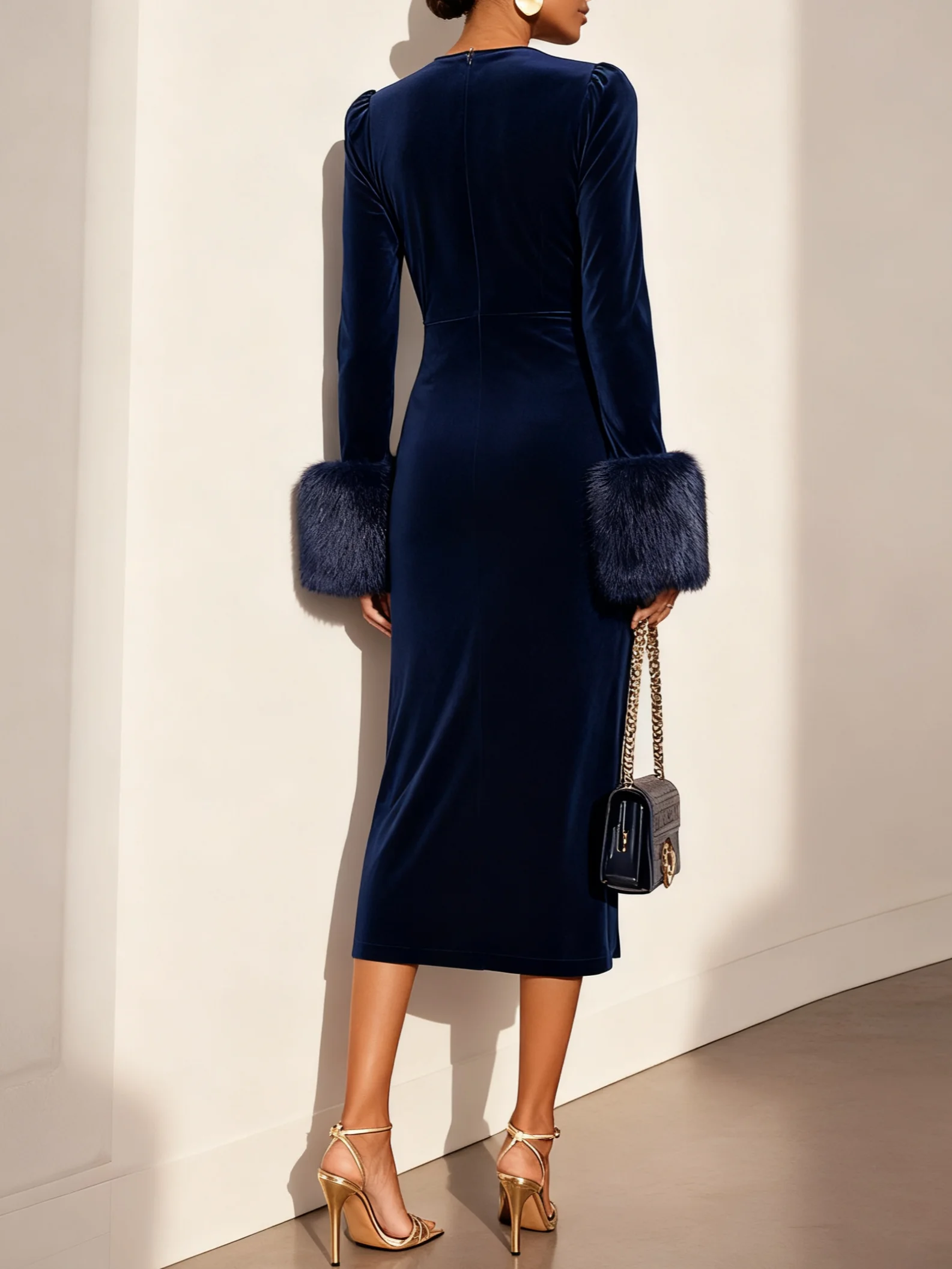 Navy Blue Slit Velvet Crew Neck Faux Fur Long Sleeve Sheath Midi Dress