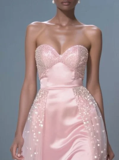 Pink Glitter Satin Strapless Sleeveless A-Line Gown Dress