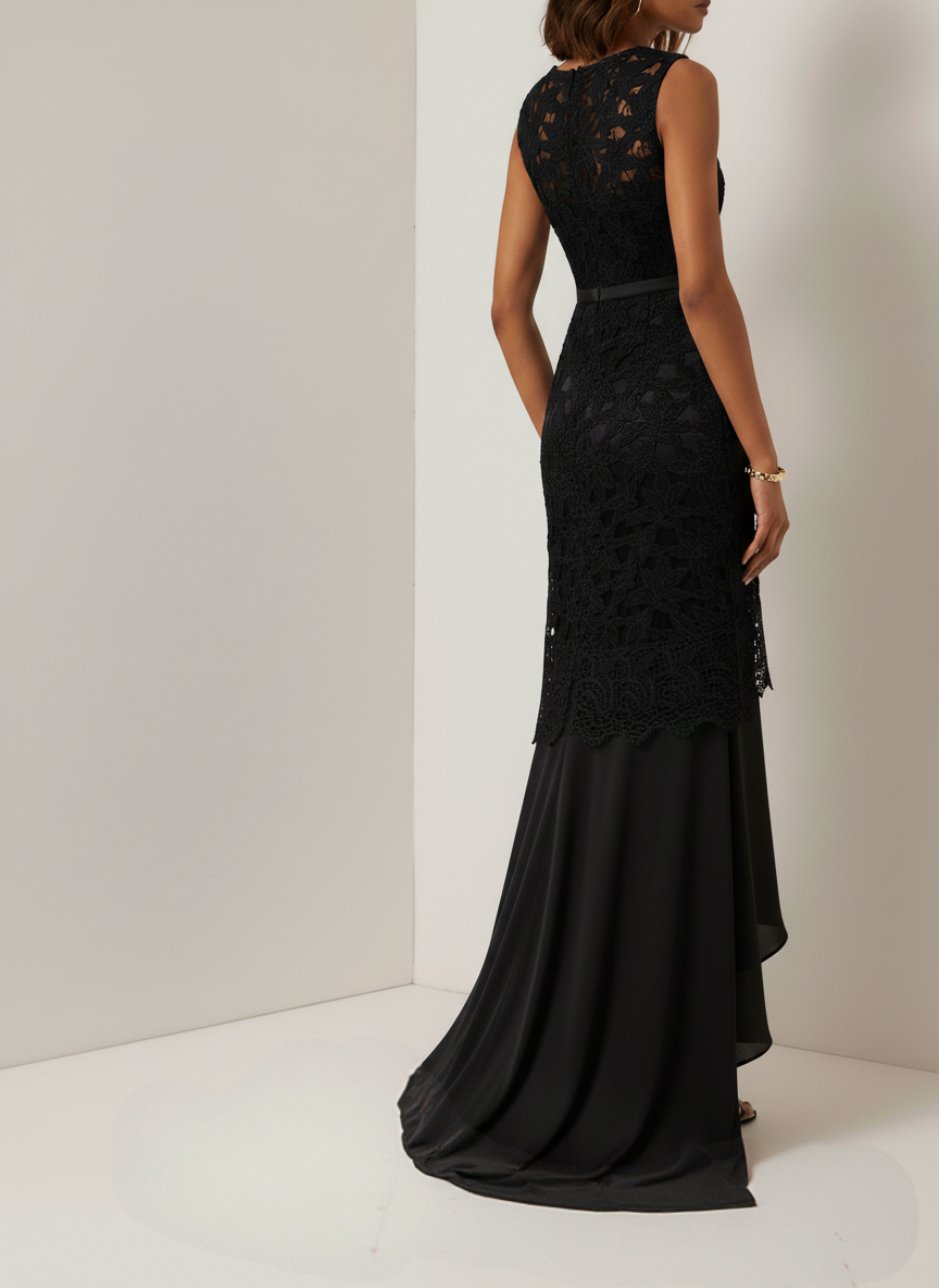 Black Lace Split Joint Classic Boat Neck Sleeveless Mermaid Gown Dress
