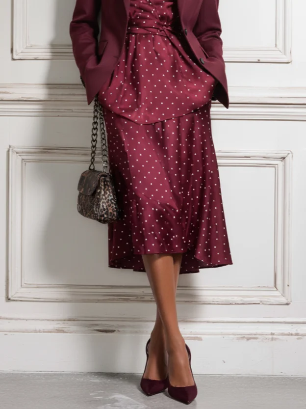 Women Wine Red Pocket Stitching Ruched Shawl Collar Long Sleeve Dressy Dress With Coat Two-Piece Set