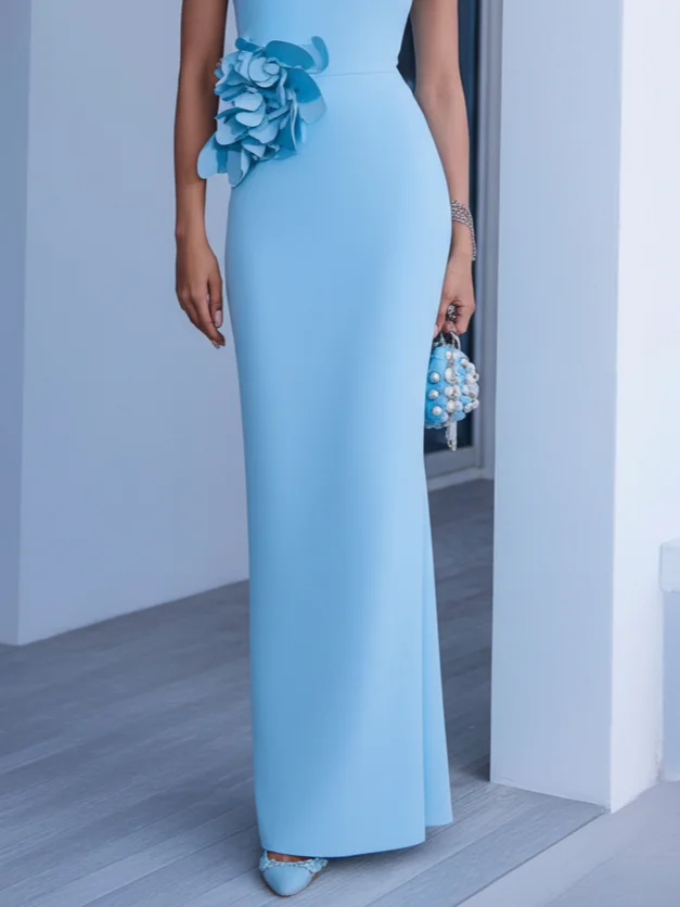 Sky Blue 3D Floral Classic One Shoulder Sleeveless Sheath Maxi Dress