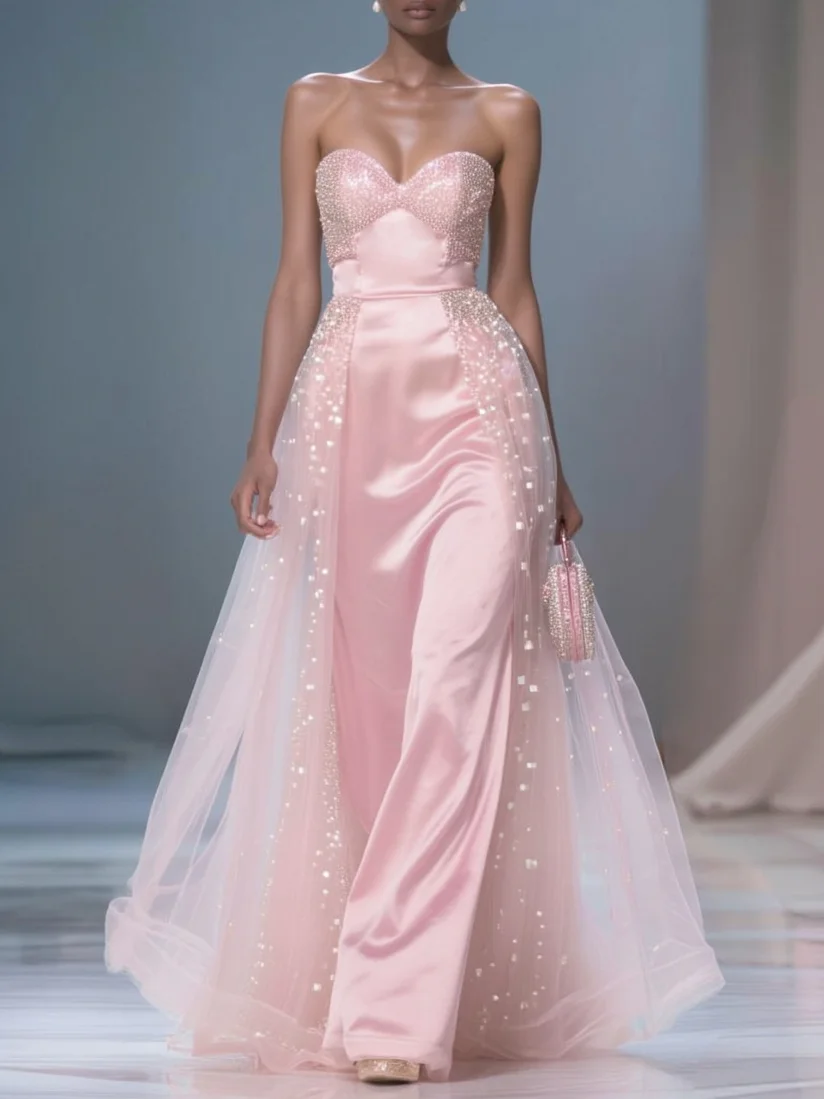 Pink Glitter Satin Strapless Sleeveless A-Line Gown Dress