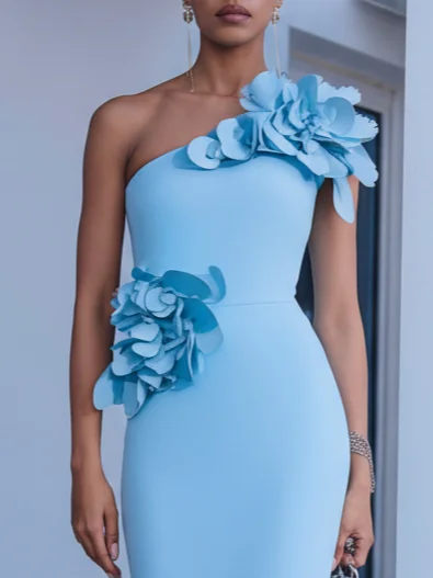 Sky Blue 3D Floral Classic One Shoulder Sleeveless Sheath Maxi Dress