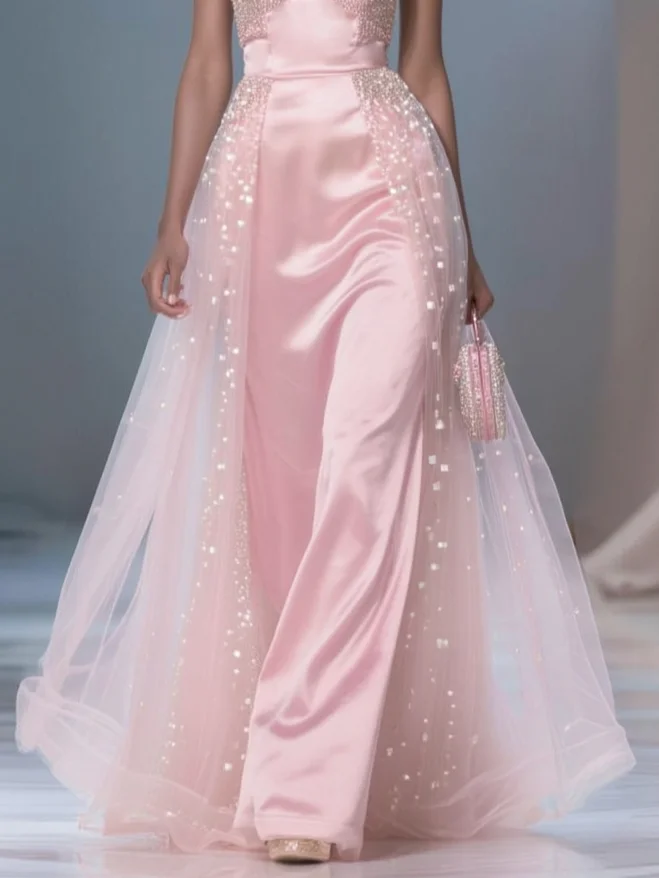 Pink Glitter Satin Strapless Sleeveless A-Line Gown Dress