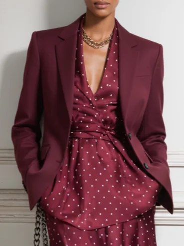 Women Wine Red Pocket Stitching Ruched Shawl Collar Long Sleeve Dressy Dress With Coat Two-Piece Set