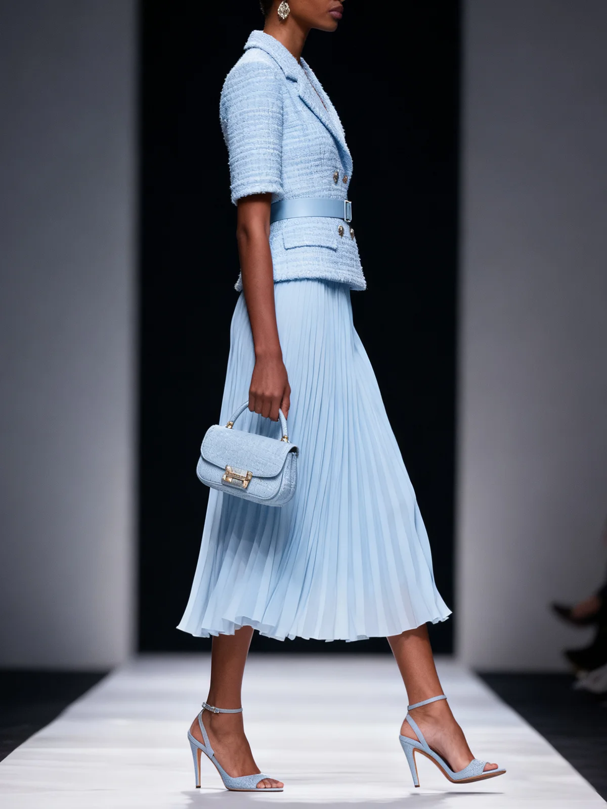 Women Light Blue Tweed Pleated Buckle Lapel Collar Short Sleeve Dressy Top With Skirt Two-Piece Set