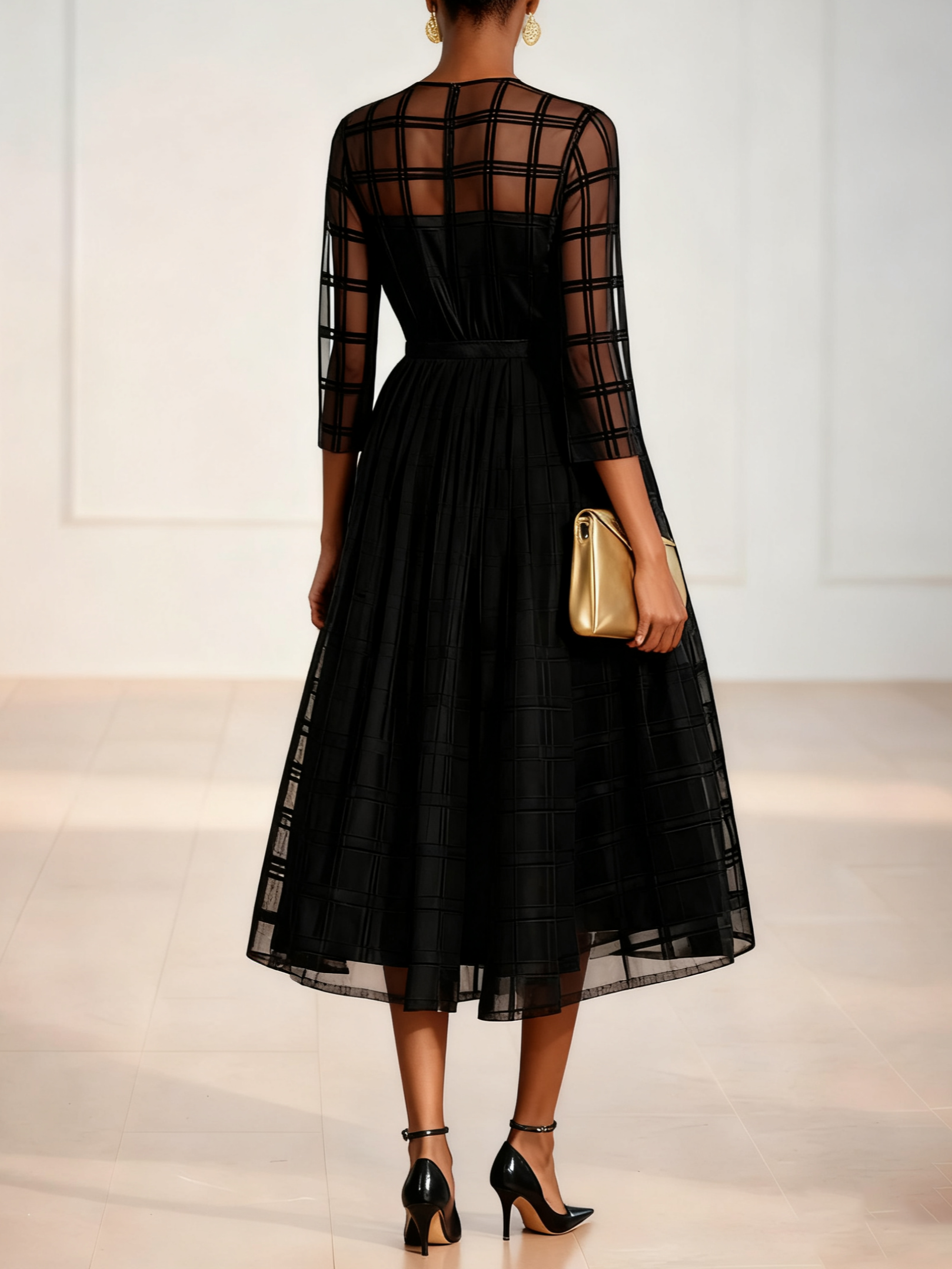 Black Plaid Organza Classic Crew Neck Three Quarter Sleeve A-Line Midi Dress