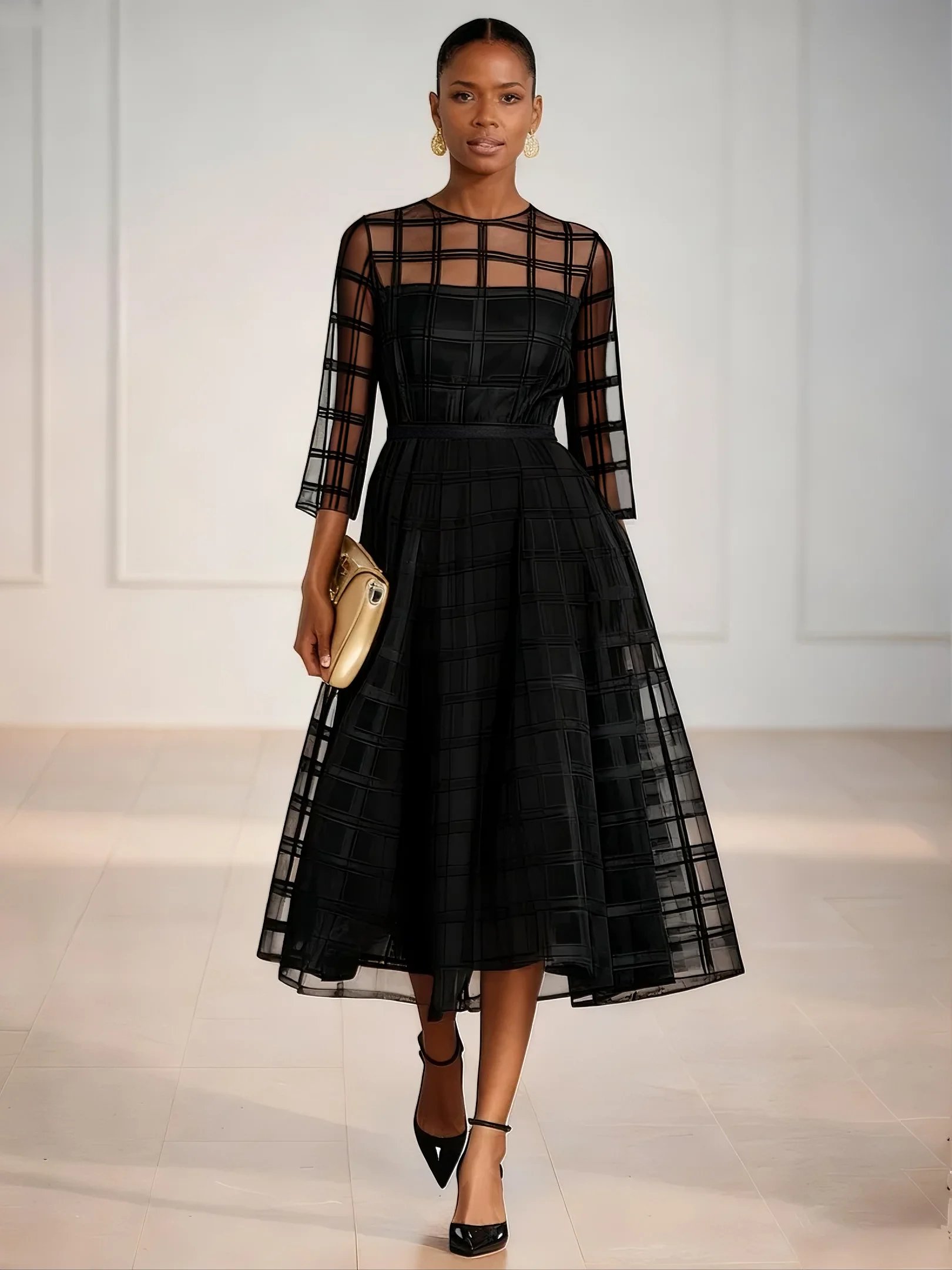 Black Plaid Organza Classic Crew Neck Three Quarter Sleeve A-Line Midi Dress