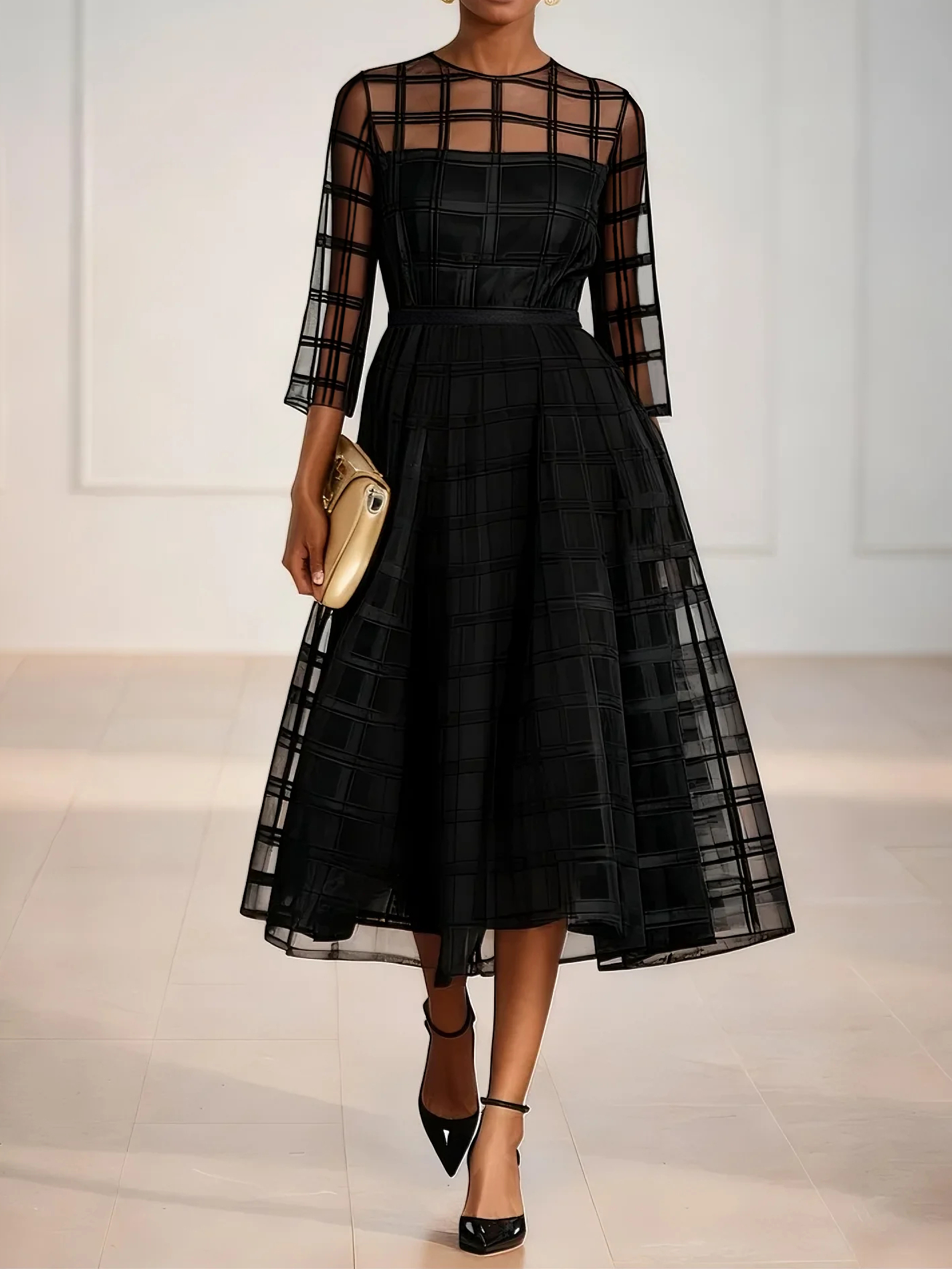 Black Plaid Organza Classic Crew Neck Three Quarter Sleeve A-Line Midi Dress
