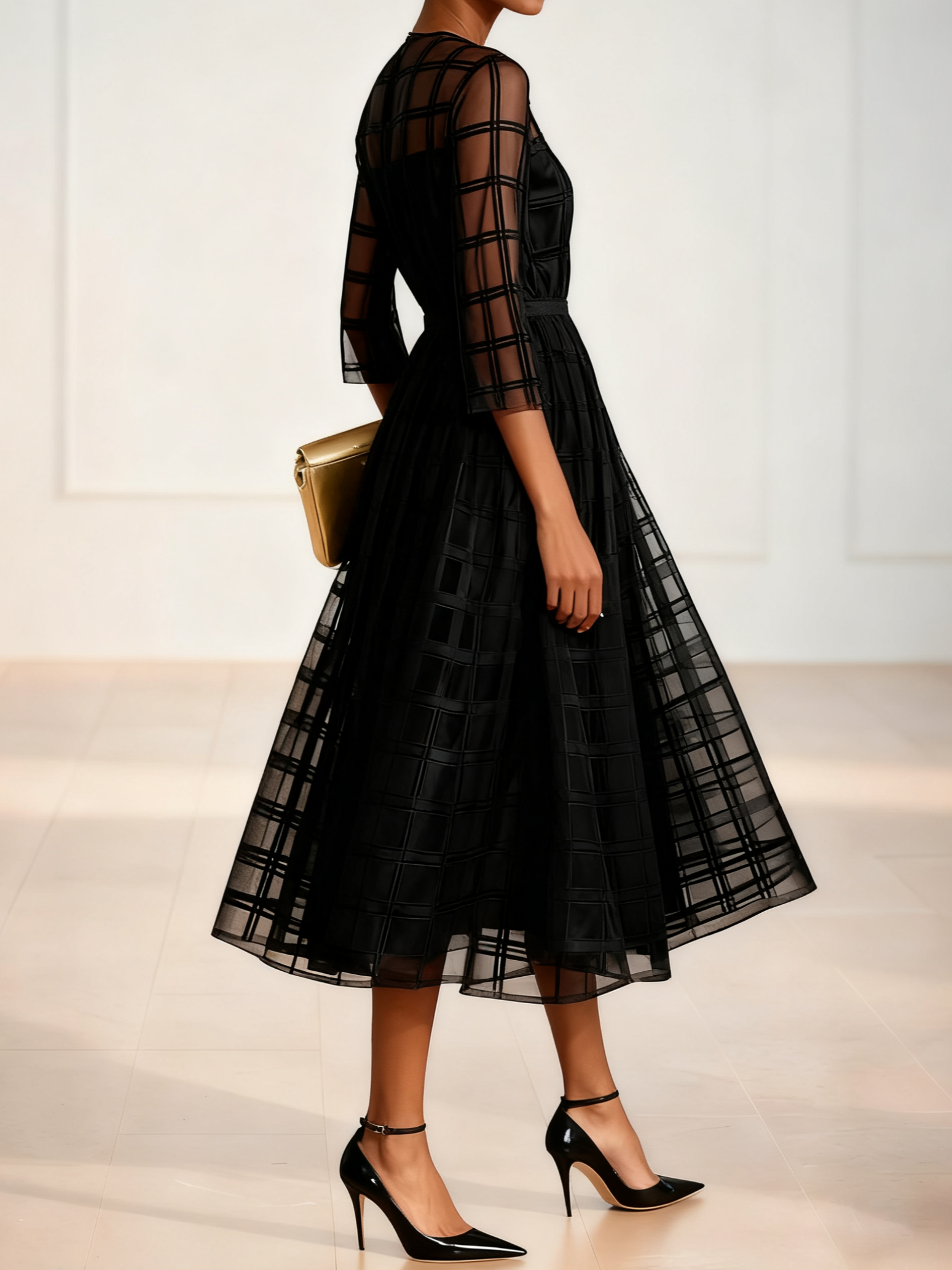 Black Plaid Organza Classic Crew Neck Three Quarter Sleeve A-Line Midi Dress