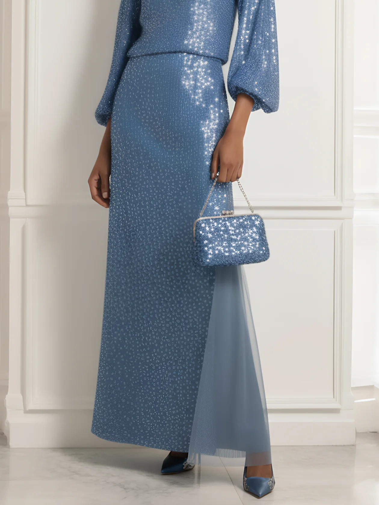Lake Blue 3D Floral Sequin Off The Shoulder Long Sleeve A-Line Maxi Dress