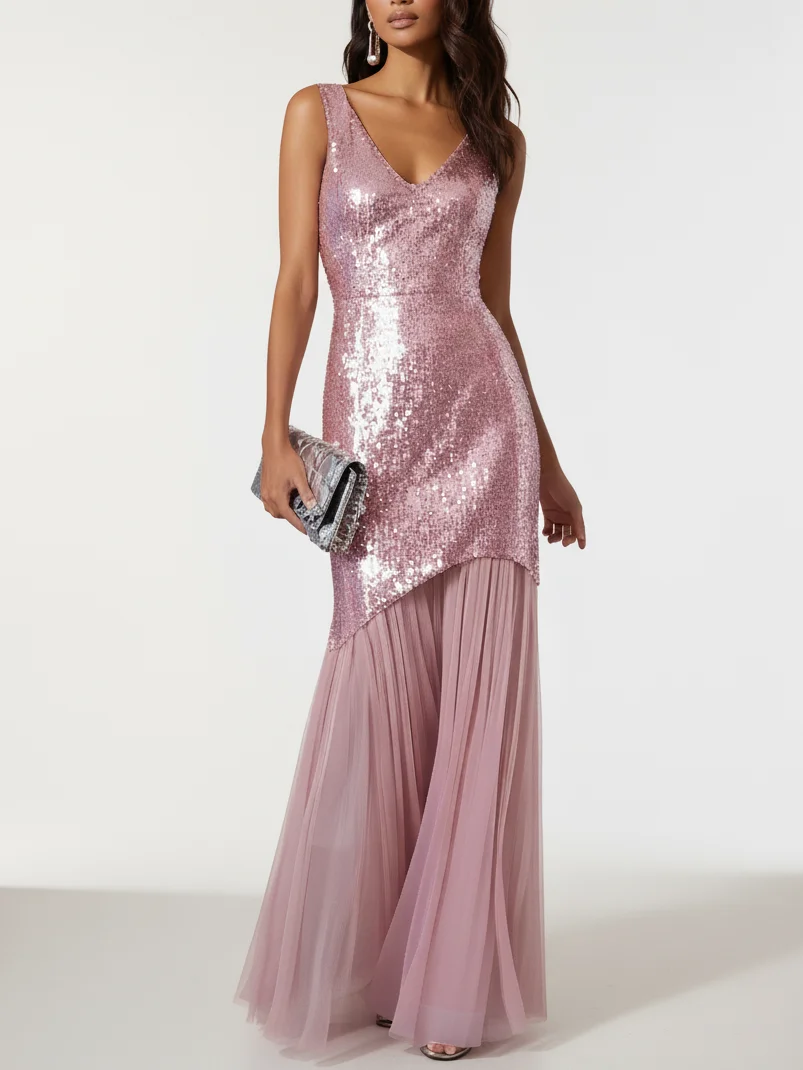 Pink Pleated Sequin V Neck Sleeveless Mermaid Maxi Dress