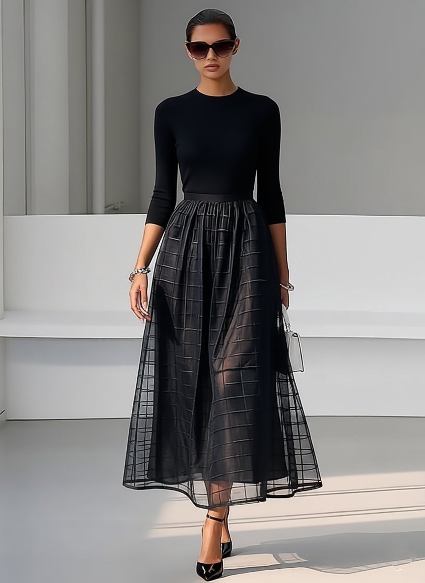 Black Organza Knit Crew Neck Half Sleeve A-Line Midi Dress