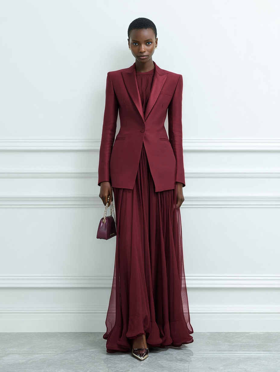 Women Wine Red Lapel Collar Long Sleeve Dressy Dress With Coat Two-Piece Set