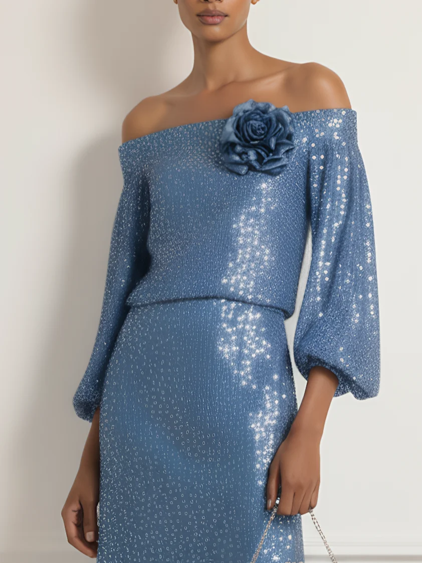 Lake Blue 3D Floral Sequin Off The Shoulder Long Sleeve A-Line Maxi Dress