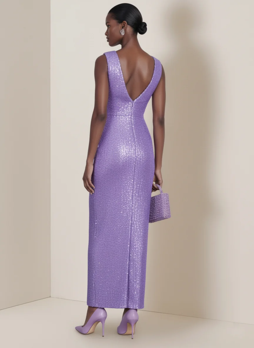 lavender 3D Floral Sequin V Neck Sleeveless Sheath Maxi Dress