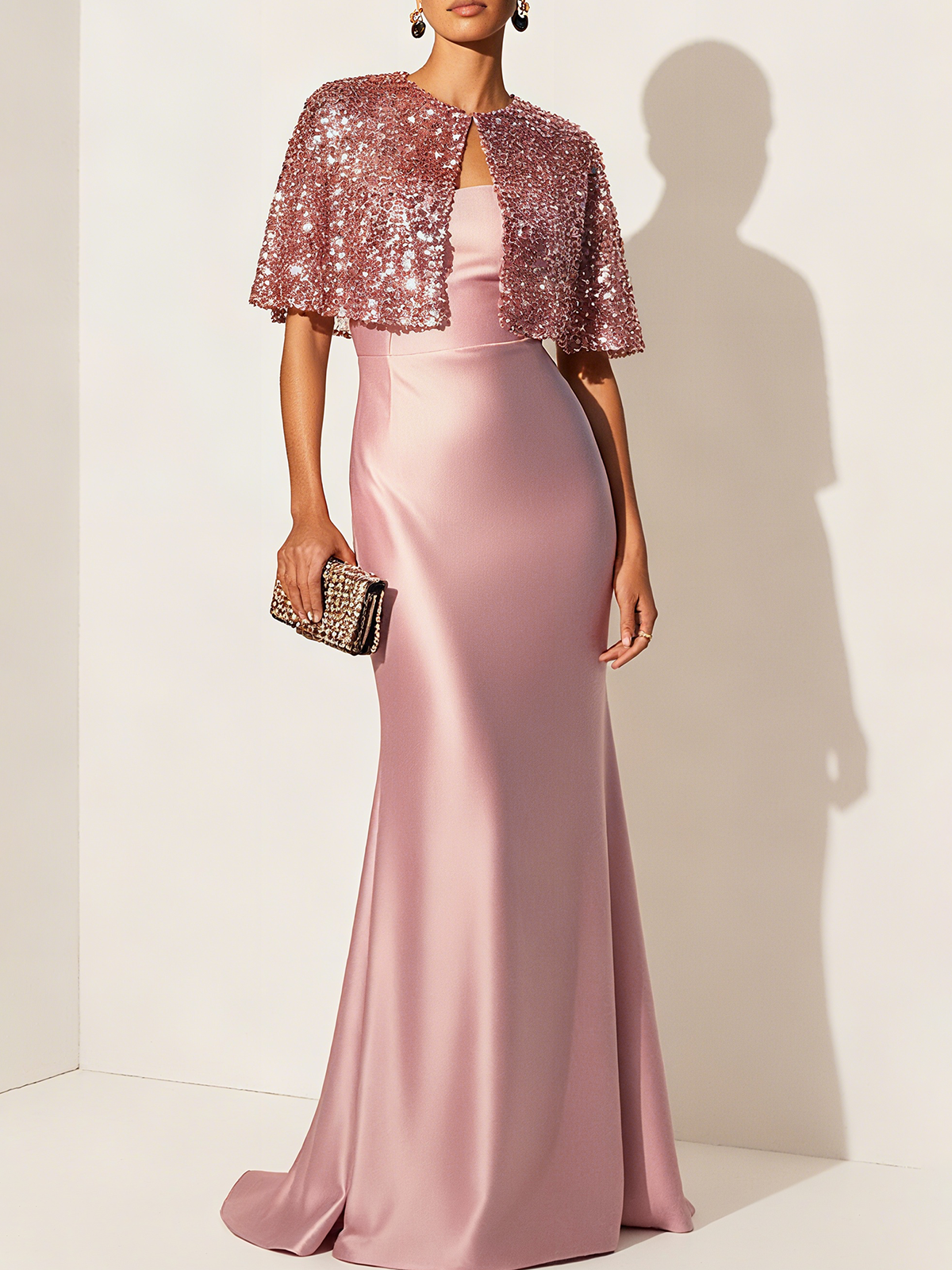 Light Pink Glitter Satin Wrap Sleeveless Sheath Gown Dress