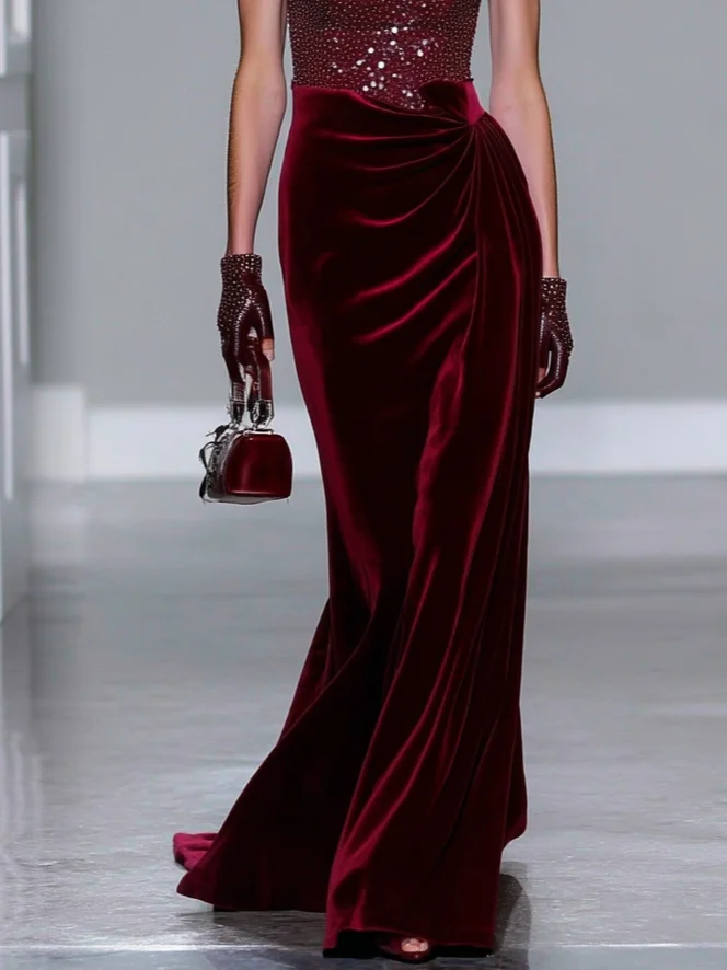 Burgundy Ruched Glitter Velvet Crew Neck Sleeveless Mermaid Gown Dress