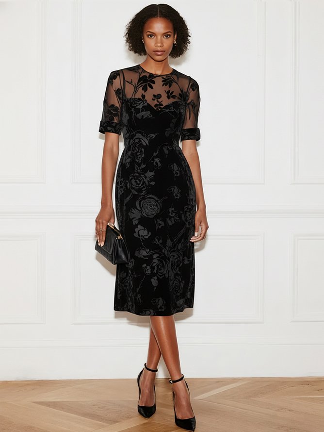 Black Floral Mesh Velvet Crew Neck Short Sleeve A-Line Midi Dress
