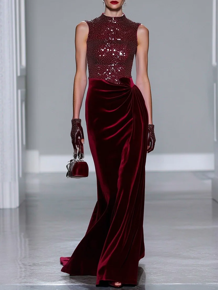 Burgundy Ruched Glitter Velvet Crew Neck Sleeveless Mermaid Gown Dress
